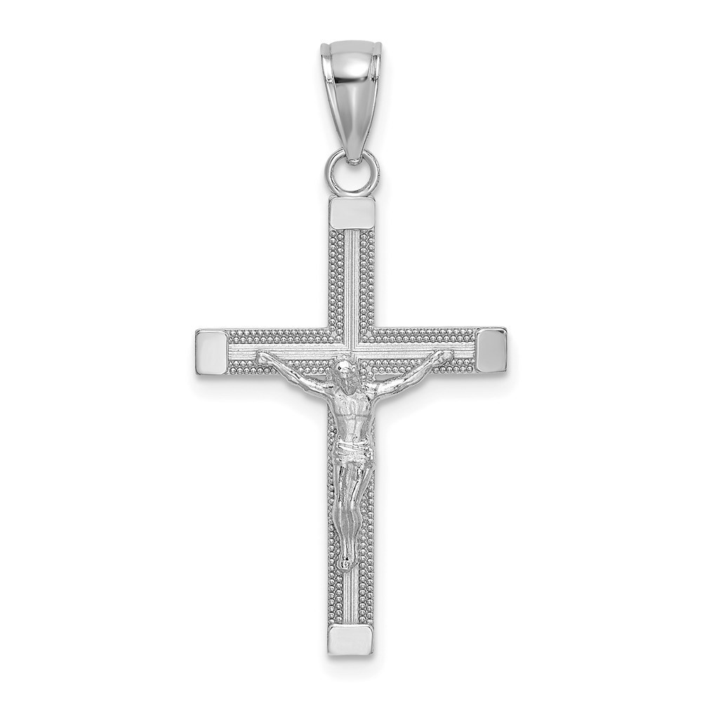 Million Charms 14K White Gold Polished and Textured Crucifix Pendant